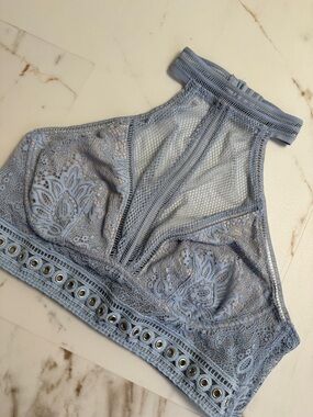 Victorias Secret High Neck Halter Top Baby Blue Sz M-L Festival Mesh Lace Eyelet
